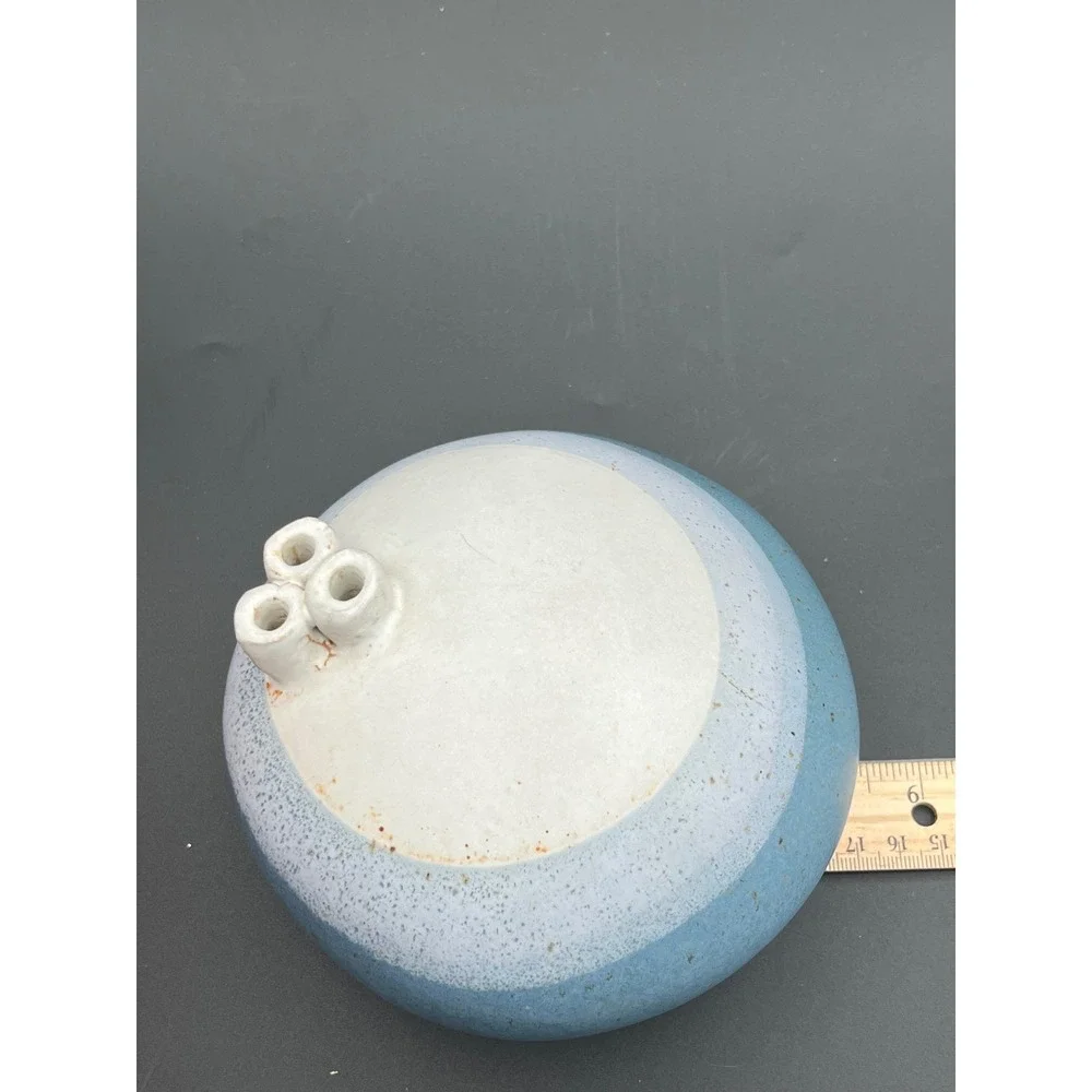 Isabel Parks Warren Hullow Pottery Blue White Triple Spout‎ Weed Pot Vase  1960s